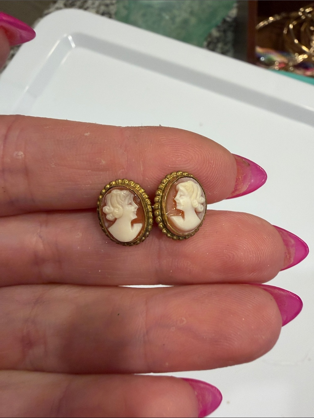 Vintage-Inspired Gold Cameo Stud Earrings in Cream and Peach